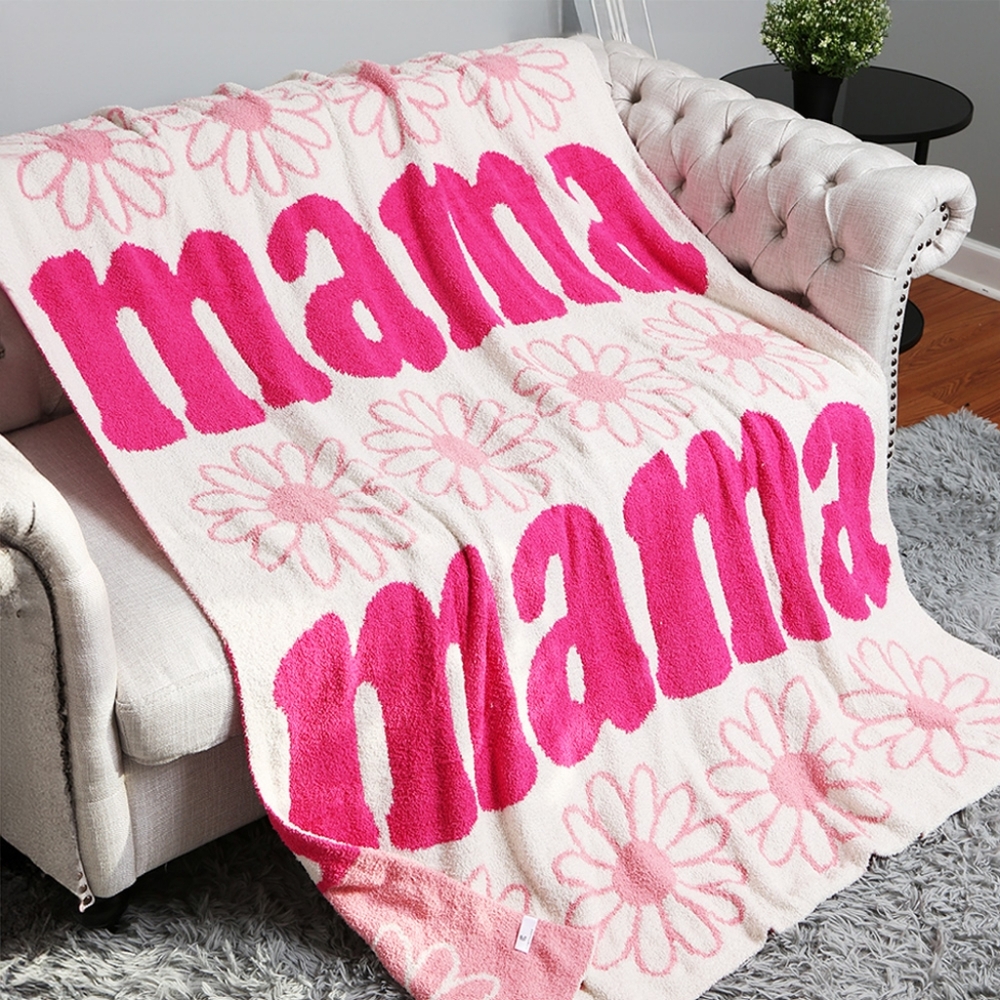 White Pink MAMA Daisy Patterned Blanket Design Reversible Throw Gift